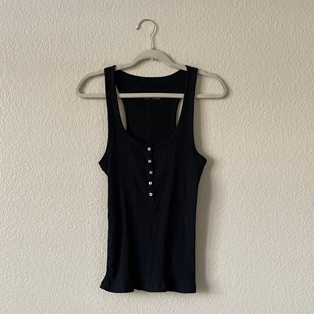 aerie Henley Tank Top Washed Look Ribbed Scoop Tee Black